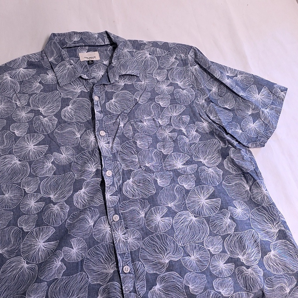 Civil Society Shirt Men XL Blue Lily Pad Linen Cotton Short Sleeve MCFS-11015